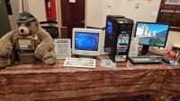 LGR's table, feautring the Bear-A-Byte PC and accessory-laden tower